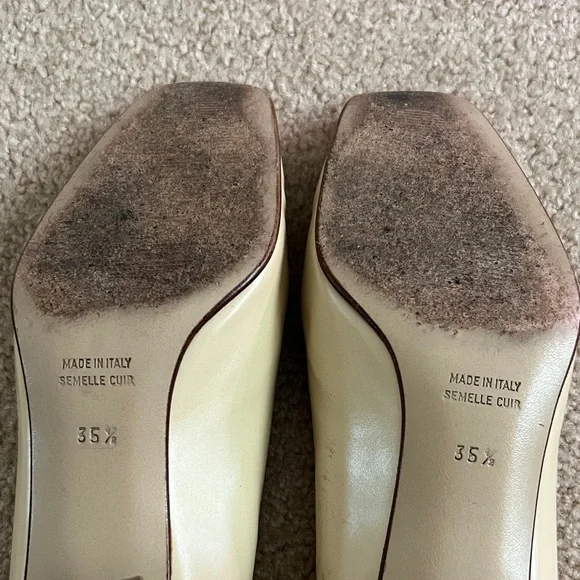 Celine Cream Leather Square-Toe Pumps with Gold Logo Plaque - Picture 12 of 12